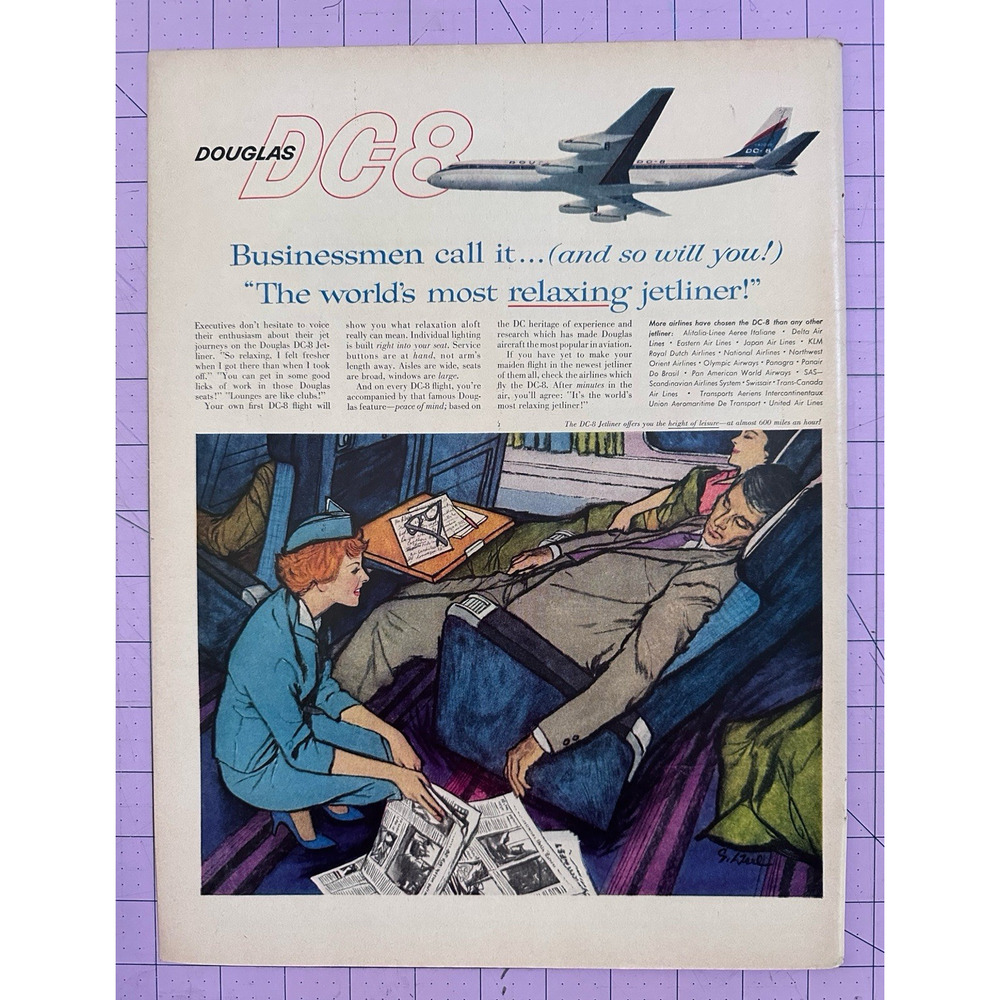 1959 DOUGLAS DC-8 Jetliner Asleep On The Plane art Vintage Print Ad